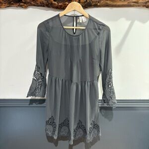 Divided Gray Babydoll Dress with Bell Sleeves Lace Details